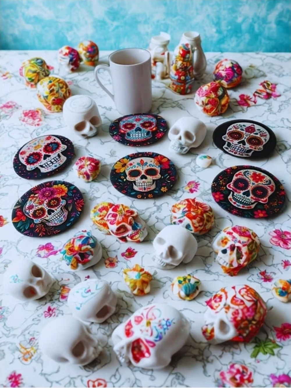 Mexican Día de los Muertos Calavera Coaster Set (6 Pack) – Anti-Slip